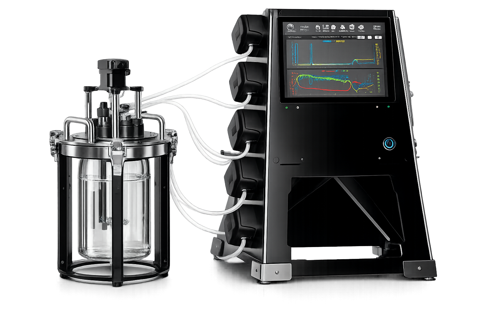 Genesys V1 research bioreactor with control unit, pumps and glass vessel