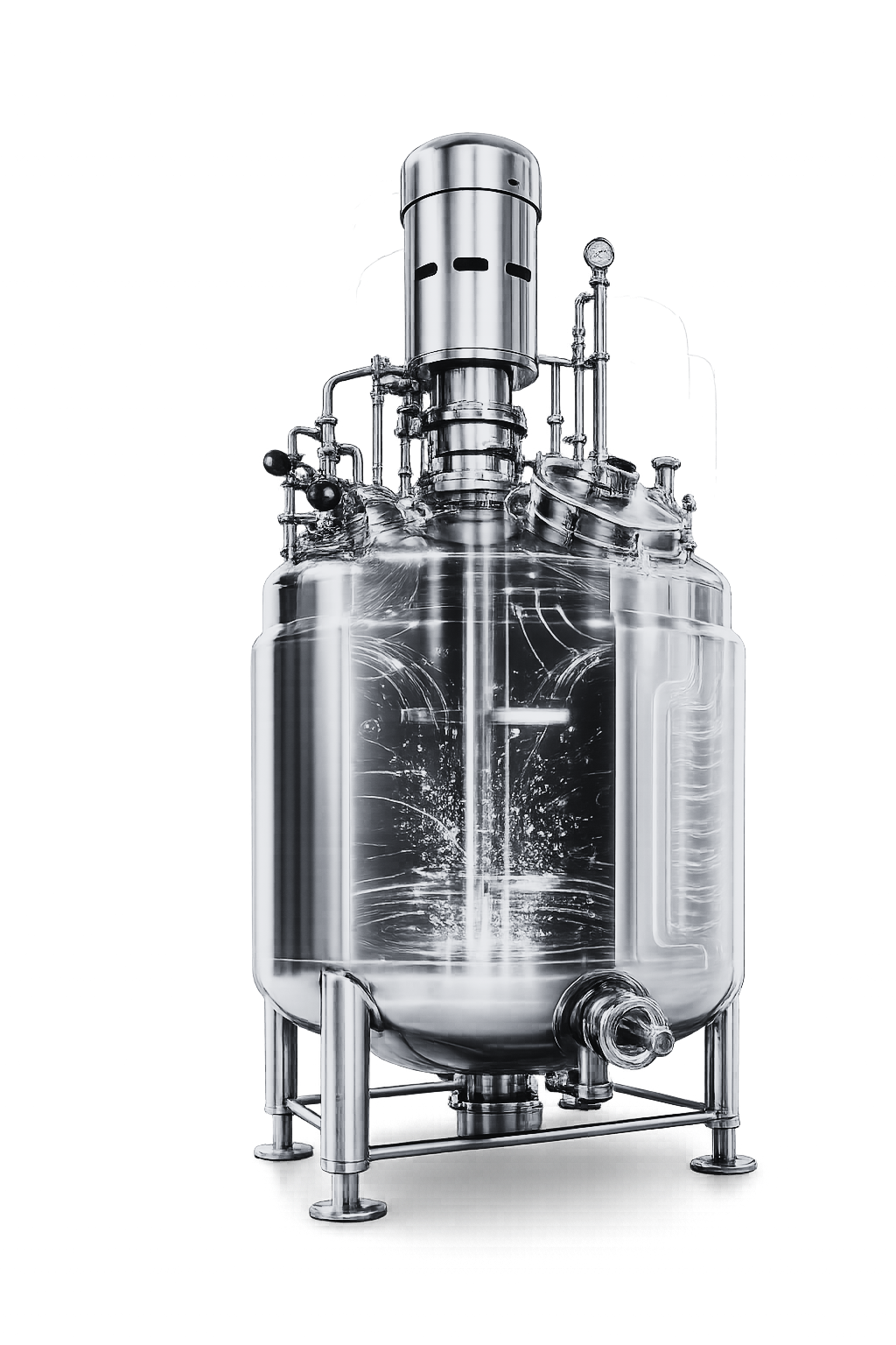 Stainless-steel stirred-tank bioreactor used to explain mixing, oxygen transfer, shear, heat transfer and process control during scale-up.
