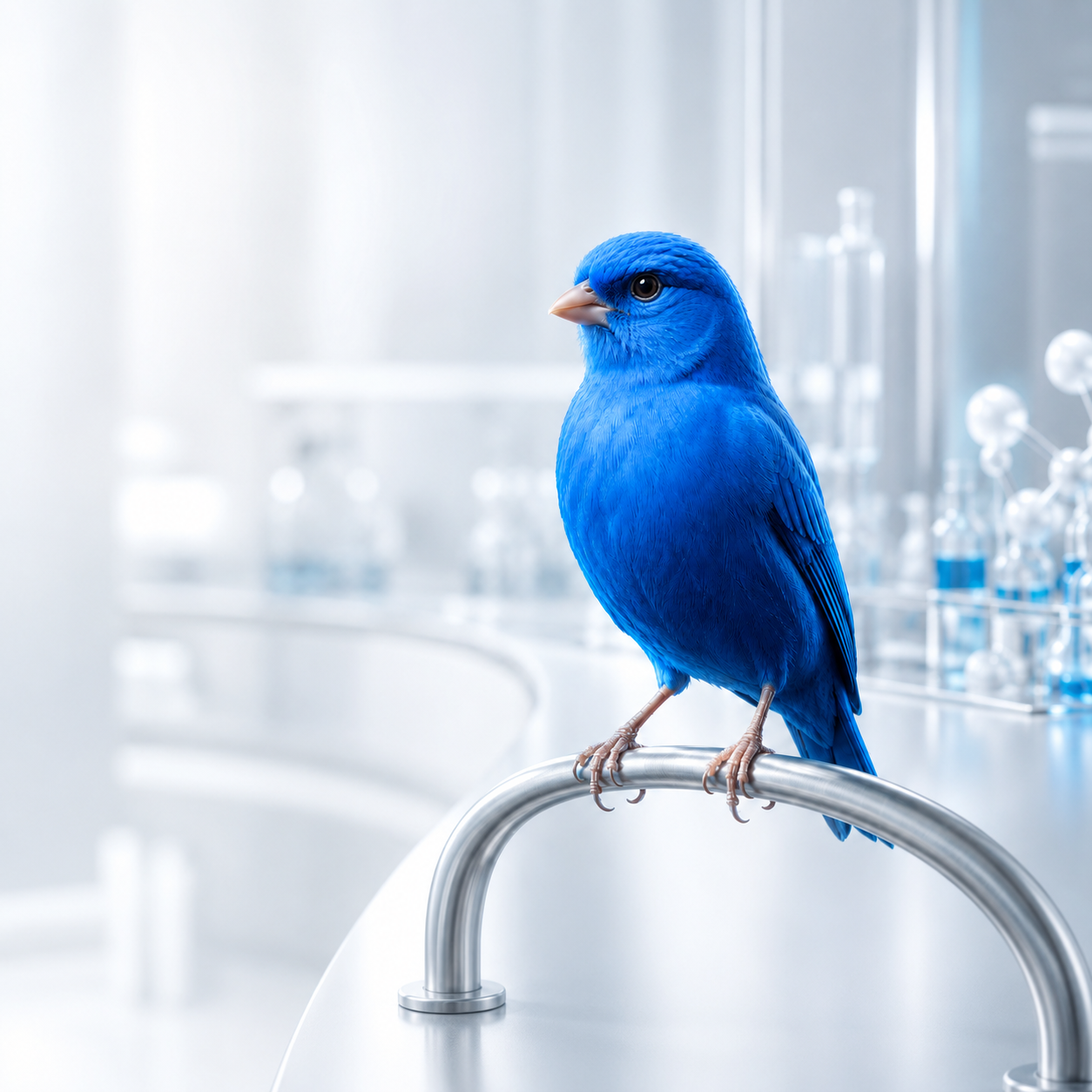 Blue Canaritech canary perched inside a modern laboratory environment.