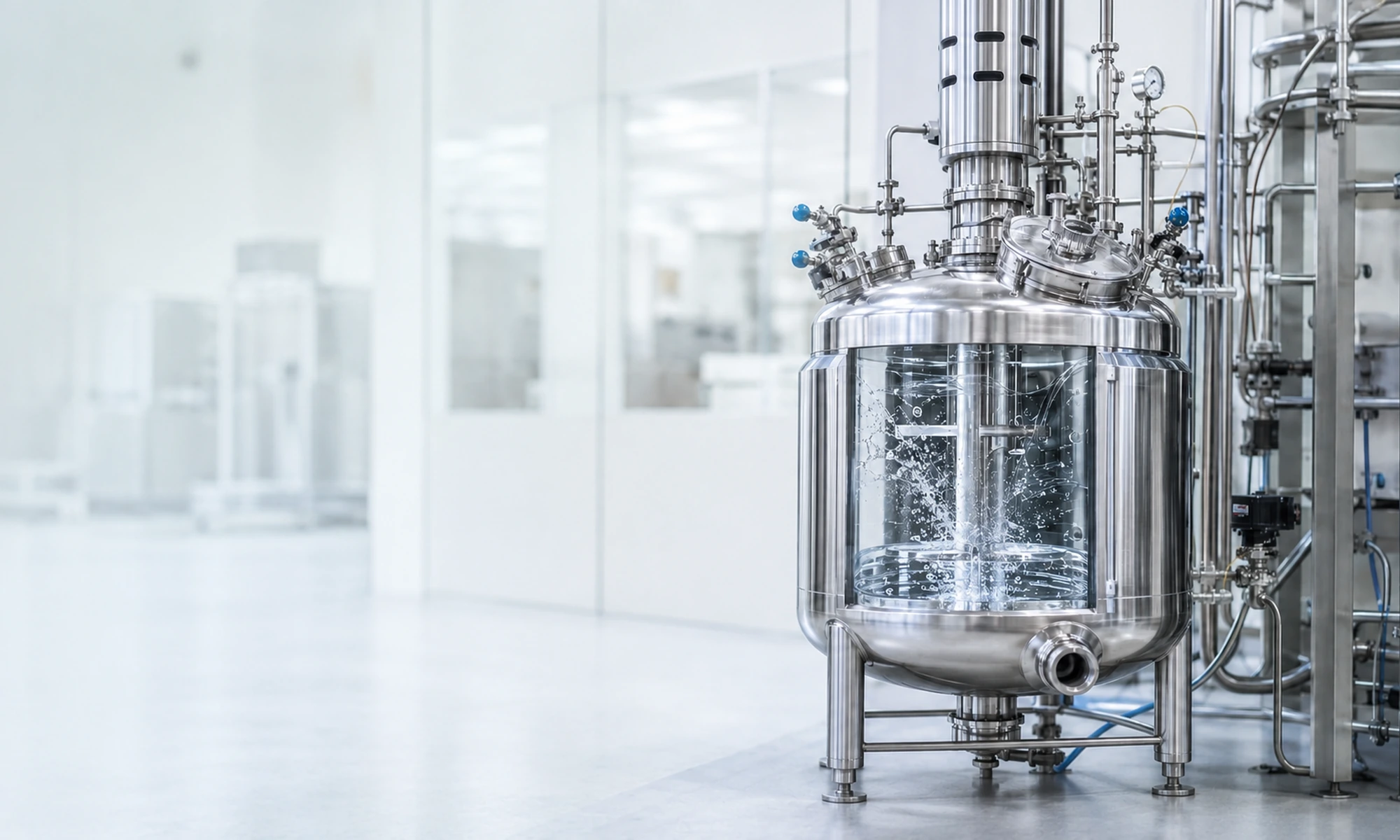 Stainless-steel bioreactor operating inside a clean industrial biotechnology facility.