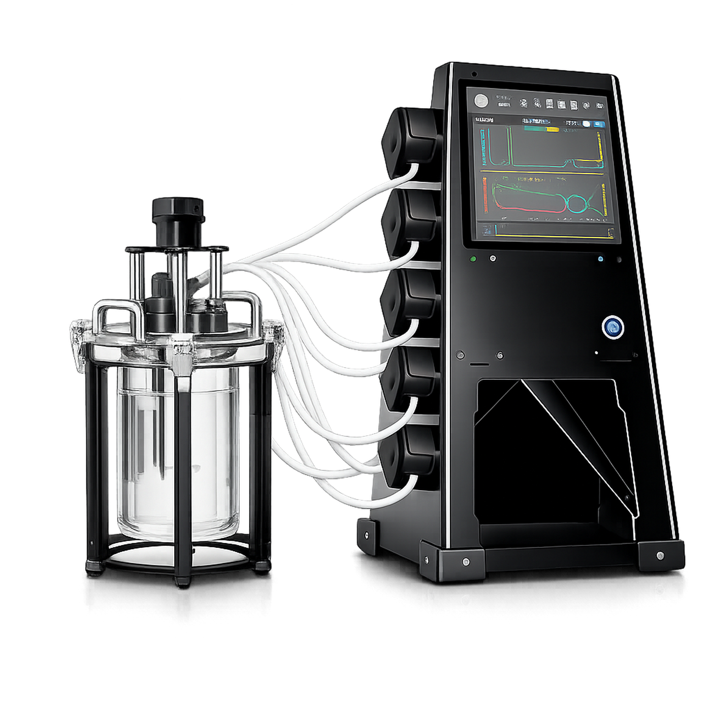 Genesys V1 research bioreactor with glass vessel, integrated pumps and touchscreen control unit.