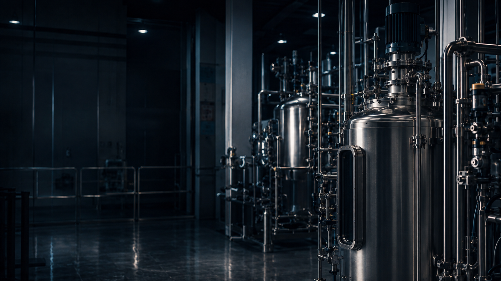 Industrial bioprocess facility with stainless-steel bioreactors and process piping in a dark premium engineering environment.