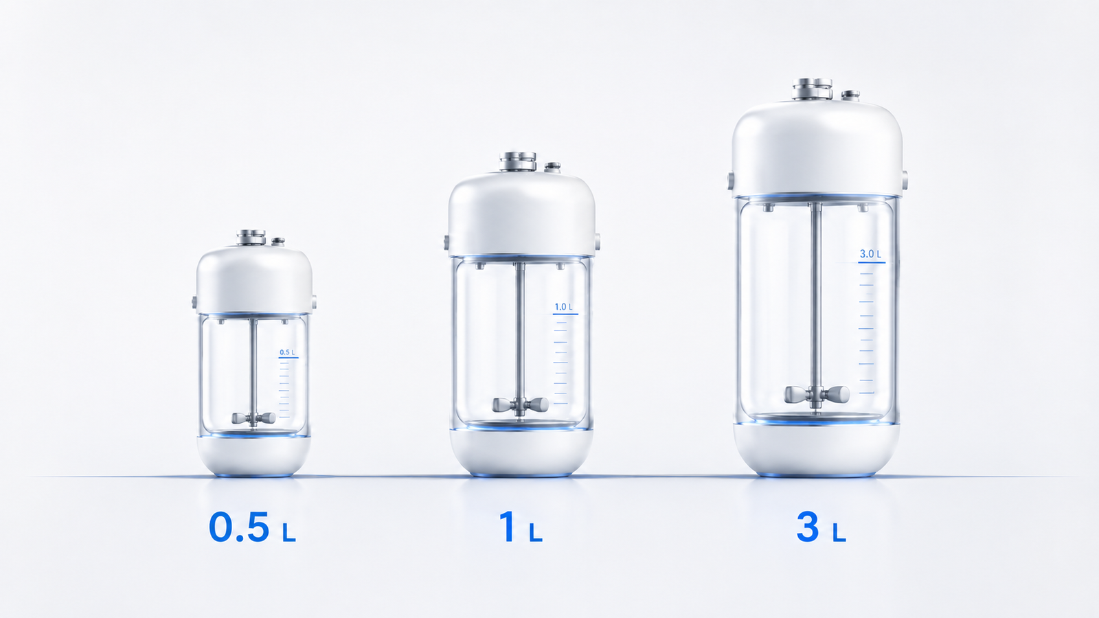 Three Genesys V1 vessel configurations shown at 0.5 liter, 1 liter and 3 liter sizes.